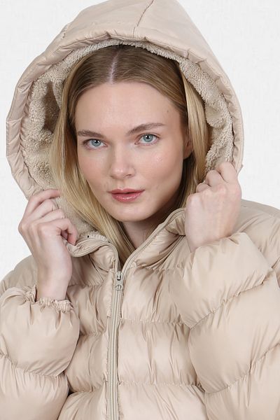 VODENS Beige Thick Waterproof Hooded down Jacket with Fur Inside