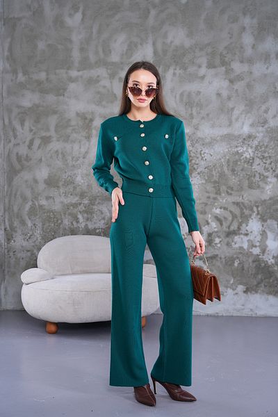 Pinpery Women's Emerald Green Buttoned Cardigan Elastic Waist Pants Knitwear Bottom Top Set