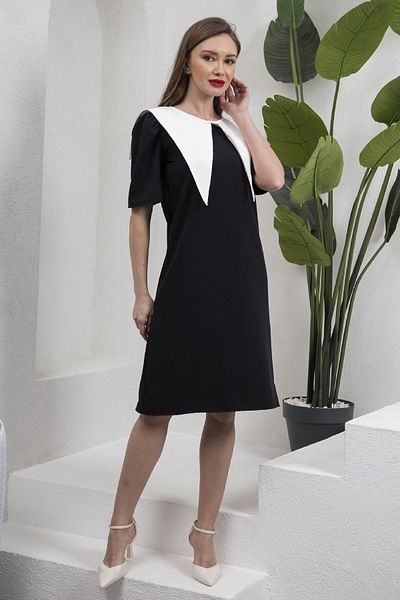 KÜÇÜĞÜM BUTİK Rochie creponata creion neagra cu guler triunghiular