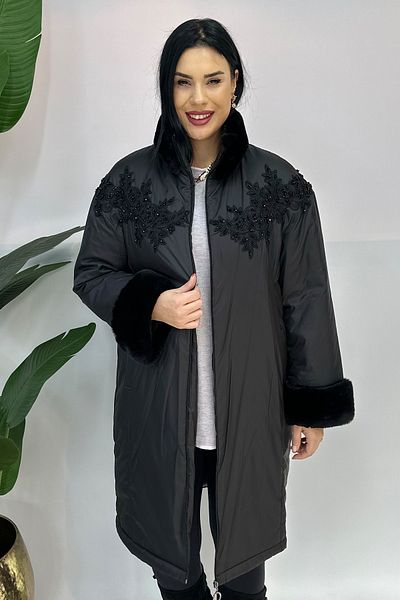 GÖKSEL Lace Stone Embroidered Plus Size Puffer Jacket - Black
