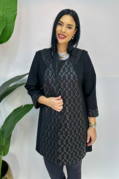 GÖKSEL Dokulu Desenli Büyük Beden Kaşe Ceket - Siyah