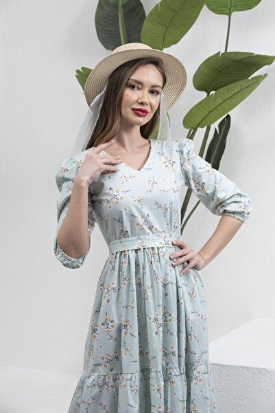 KÜÇÜĞÜM BUTİK Φόρεμα Water Green με V-λαιμόκοψη Midi μήκους Spring Branch