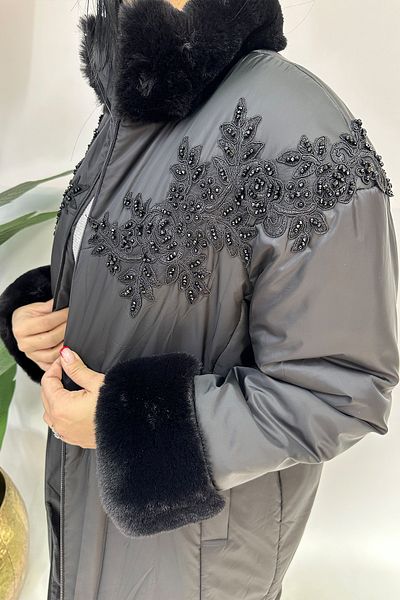GÖKSEL Lace Stone Embroidered Plus Size Puffer Jacket - Black