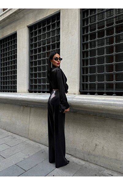 Büşra Yılmaz Boutique BELİ LASTİKLİ VE PUL PAYETLİ TASARIM BOL PANTOLON SİYAH