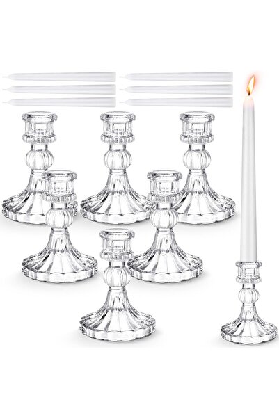 Home Zone 12 قطعة من حاملات الشموع مع شموع بيضاء طويلة (شفافة)