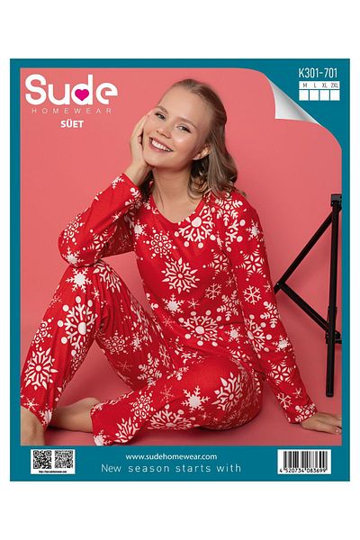 Sude Women's Suede Long Sleeve Christmas Print Pajamas Set