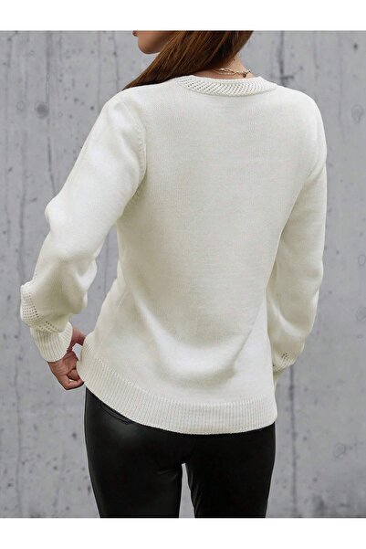 ATEMODAA Pulover cu decolteu în V cu detaliu ajurat