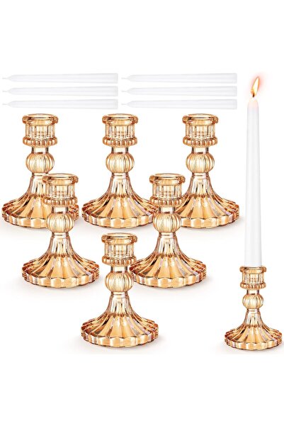 Home Zone 12 قطعة من حاملات الشموع مع شموع بيضاء طويلة (ذهبية)
