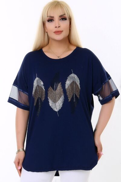 Kheos Round Neck Tulle Striped Short Sleeve Leaf Pattern Stone Printed Comfortable Lycra Flexible Plus Size Blouse