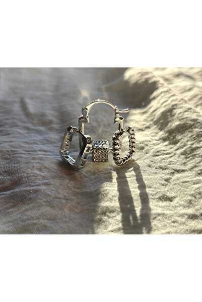 shesra Silver Plated Cube Detailed Triple Steel Earrings