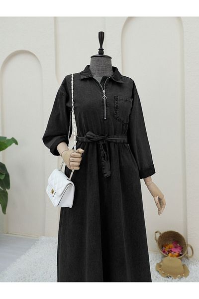 Modamorfo Half Zipper Waist Tie Pocket Denim Dress -Black