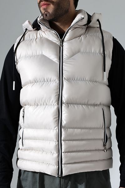 B.HE.Z Men's Gel Padding Lined Inner Pocket Detachable Zipper Hood Inflatable Vest Stone