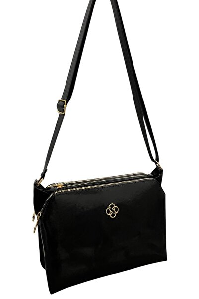 mugalas حقيبة كتف ذات جودة عالية من الجلد اللامع المجعد باللون الأسود بثلاثة ...