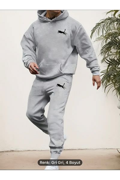 NEW TRENDY COLLECTİON Kangaroo Print Combed Cotton Tracksuit Set - Small Chest Printed Sweatshirt and Sweatpants