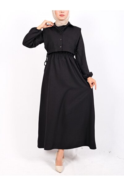 Modamorfo Φόρεμα με λεπτομέρεια πουκάμισου και ελαστική μανίκι και μέση - Μαύρο