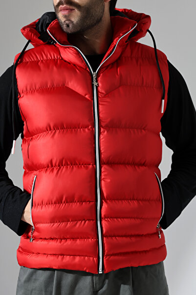 B.HE.Z Men's Gel Padding Lined Inner Pocket Detachable Zipper Hood Puffer Vest Red