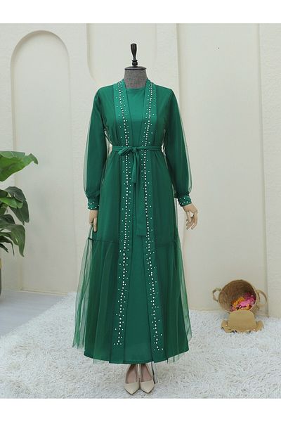 Modamorfo Πράσινη διπλή Abaya - Λεπτομέρεια από πέτρα και πέρλες, δεμένη μέση