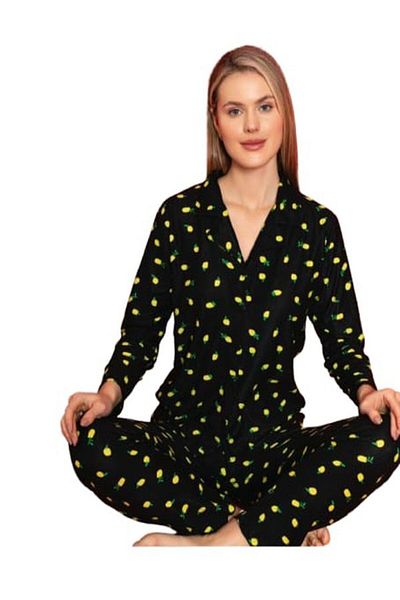 Manolya Set de pijamale cu mânecă lungă, cu guler de cămașă din piele intoarsa cu model de lamaie neagra - cu nasturi