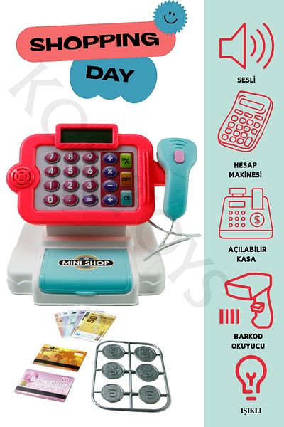 kosetoys Colorful Lighted Barcode Reader Toy Cash Register with 14 Pieces Accessories