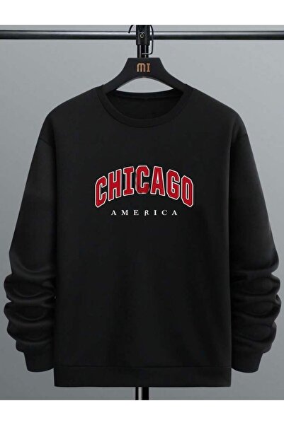 khufu Черен суитшърт с кръгло деколте с щампа Chicago America - унисекс суитш...