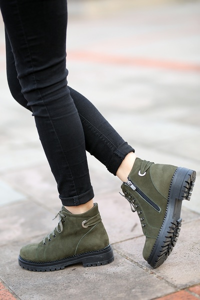 EREN SHOES BAG (ASTARA) Gerçek Deri İçi Ortopedik Kauçuk Taban Bağlı-Fermuarlı Hakiki Deri Yeşil Nubuk Bilek Bot