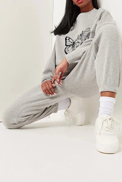 FECCY Pamuklu Eşofman Takımı Sweatshirt Jogger - Baskılı Oversize Şardonlu Kapüşonlu