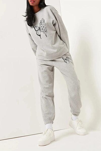 FECCY Pamuklu Eşofman Takımı Sweatshirt Jogger - Baskılı Oversize Şardonlu Kapüşonlu