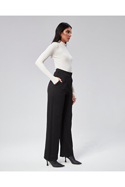 NEVEGE BUTİK Γυναικείο Πλεκτό Ύφασμα Full Lycra Μέση Velcro Palazzo-Μαύρο