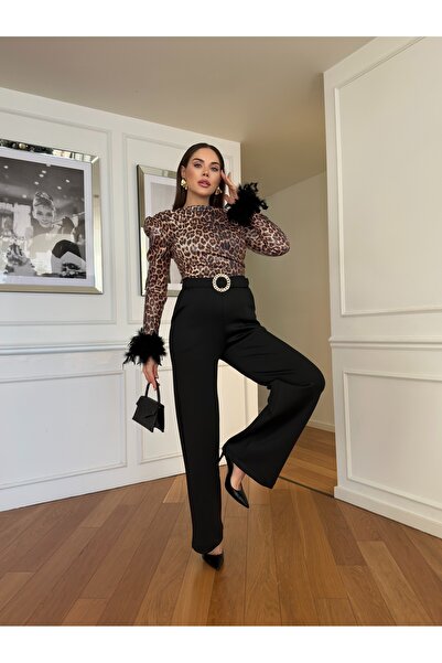 1Moda1Tarz Kadın İthal Pul Payet Kumaş Leopar Desen Kollar Otrişli Kemerli Astarlı Özel Tasarım Tulum Elbise