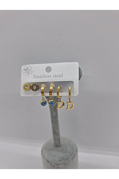 stainless steell Çelik D Harf Nazar Boncuklu 6 Lı Küpe Seti