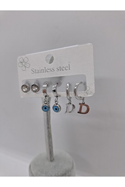 stainless steell Çelik D Harf Nazar Boncuklu 6 Lı Küpe Seti