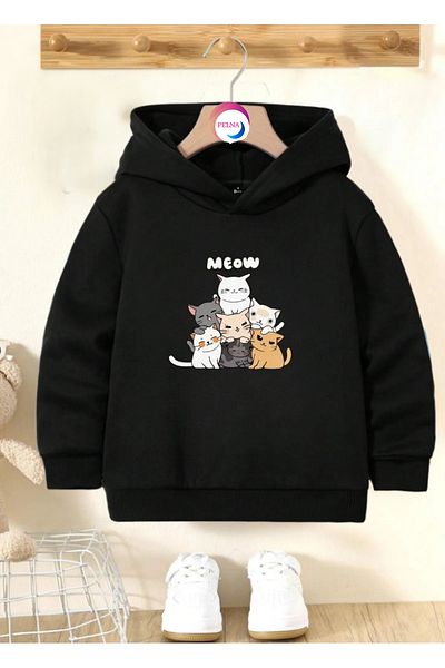 Pelna Cotton Trend Model Cat Printed Black Hooded Children's Sweatshirt