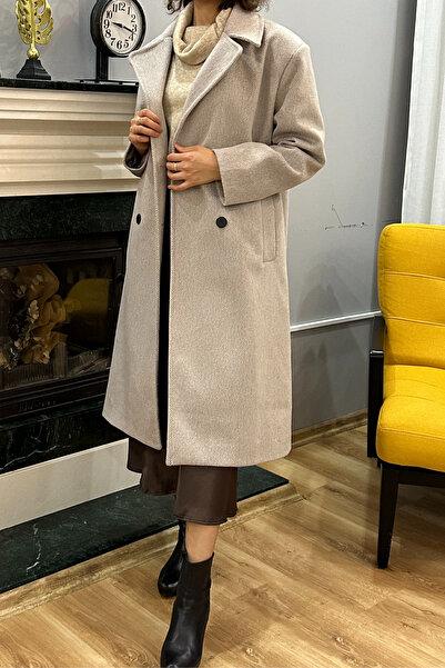 SeHlen Butik Dört Düğmeli Desenli Açık Kahve Palto