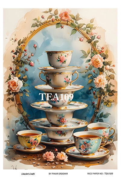 LİNEART Çay Serisi TEA109 Fincan, Çiçek, Pano Desenli 29*42 cm Pirinç Dekopaj