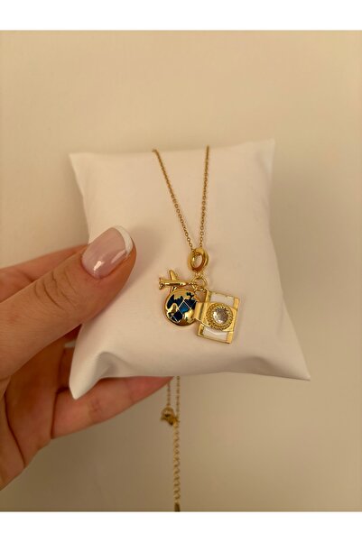 LARİS ACCESSORİES Uçak Dünya Seyahat Charmlı Gold Çelik Kolye