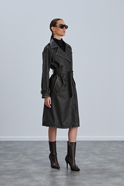 modaparis outlet Eskitmeli Görünümlü Siyah Kadın Deri Trençkot