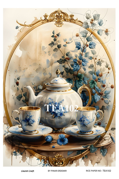 LİNEART Çay Serisi TEA102 Fincan, Çiçek, Pano Desenli 29*42 cm Pirinç Dekopaj