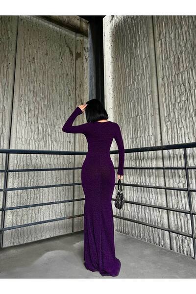 Trendusfashion Long Sleeve Fish Model Evening Dress - V-Neck and Shiny Fabric