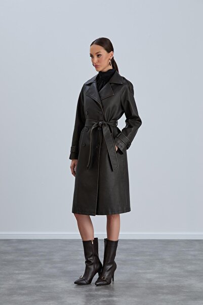 modaparis outlet Eskitmeli Görünümlü Kahverengi Kadın Deri Trençkot