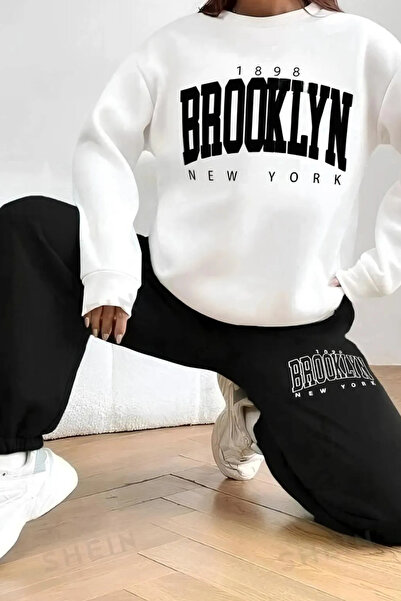 FECCY Pamuklu Kadın Brooklyn New York Baskılı Bisiklet Yaka Eşofman Takımı