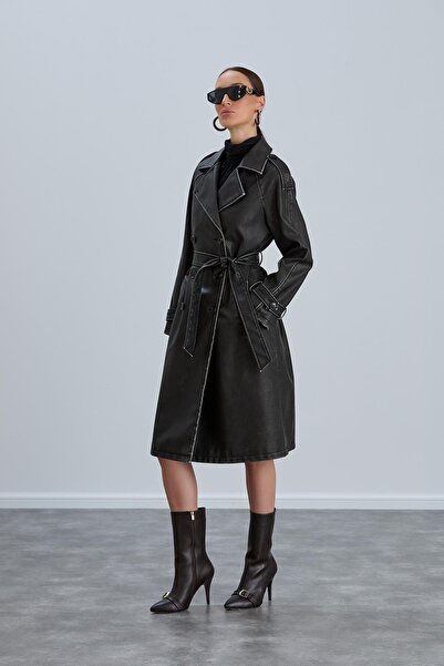 modaparis outlet Eskitmeli Görünümlü Siyah Kadın Deri Trençkot