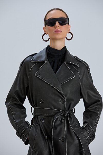 modaparis outlet Eskitmeli Görünümlü Siyah Kadın Deri Trençkot