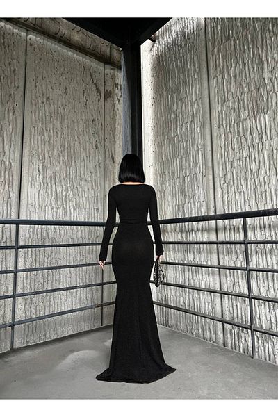 Trendusfashion Rochie de seara model Fish cu maneca lunga - decolteu in V si tesatura stralucitoare