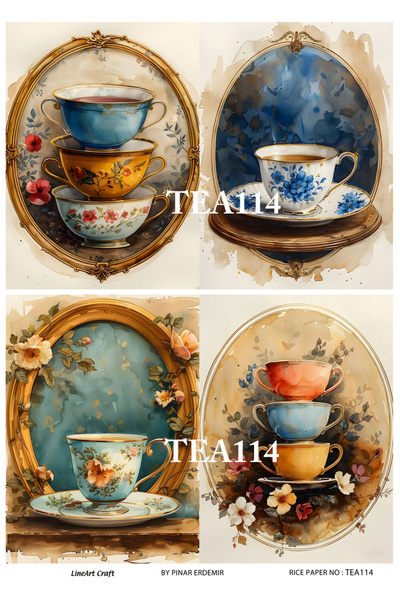LİNEART Çay Serisi TEA114 Fincan, Çiçek, Pano Desenli 29*42 cm Pirinç Dekopaj