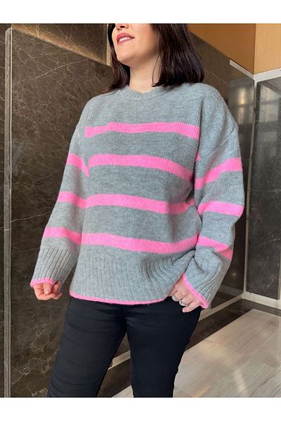 Elif Özbey Butik Pulover supradimensionat cu dungi gri