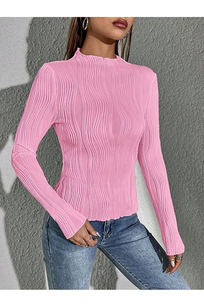 Fashion'S Γυναικείο ροζ ελαστάν μαντήλι Ovarlok μακρυμάνικη μπλούζα με στρογγυλή λαιμόκοψη