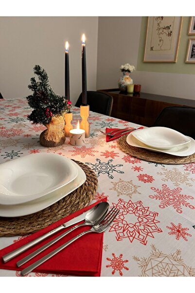 homease مفرش طاولة عيد الميلاد بنمط ندفة الثلج مع خلفية بيضاء - مفرش طاولة مق...