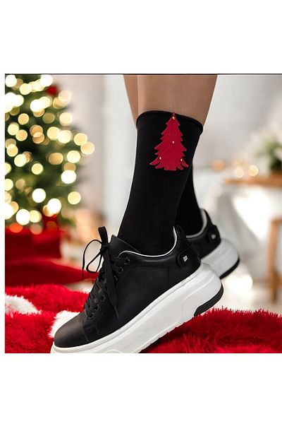 DİLARRA New Year's Red Pine Tree Patterned Black Socks