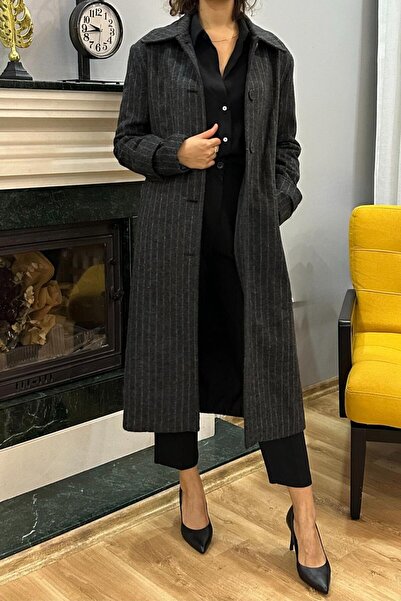 SeHlen Butik Boydan Düğmeli Çizgili Siyah Kaşe Palto