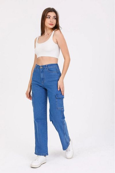 DRC trend Pantaloni Canwa pentru femei, albastru mijlociu, cu talie înaltă, cu buzunar cargo, din lycra, fără buzunar la spate
